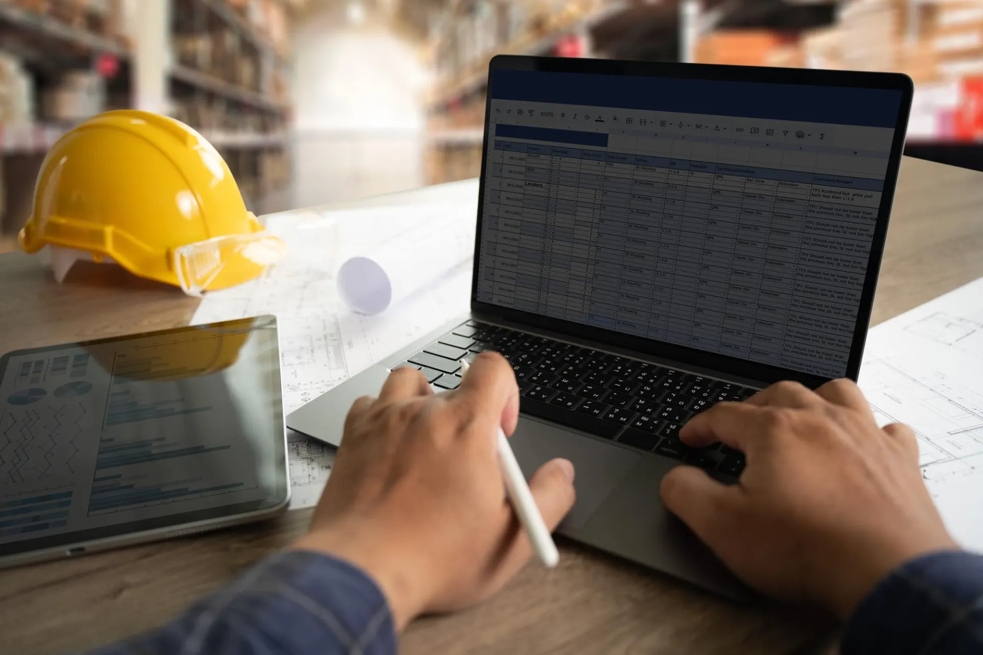 Foto de um engenheiro atualizando o software para construção civil com documentos e informações sobre as obras em andamento, mostrando a importância de um sistema que integre todos os dados importantes para otimizar a gestão operacional.